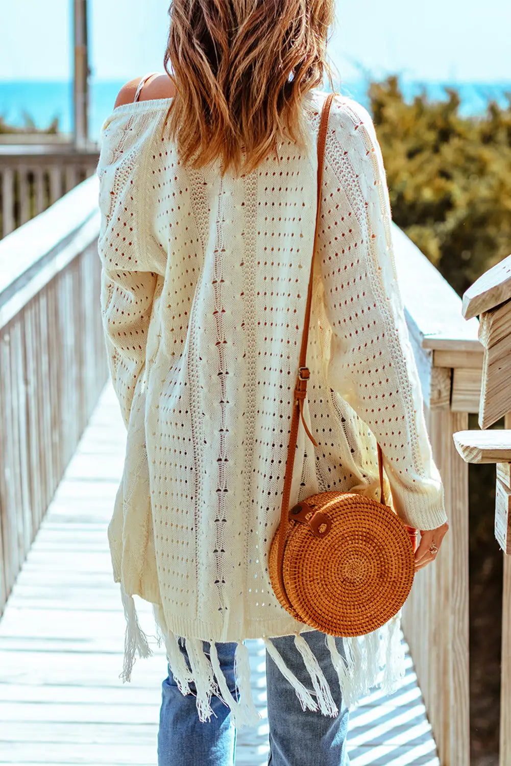 Beige tasseled hollow-out cable knit cardigan - tops