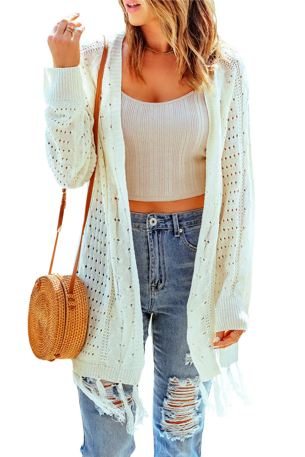 Beige tasseled hollow-out cable knit cardigan - tops