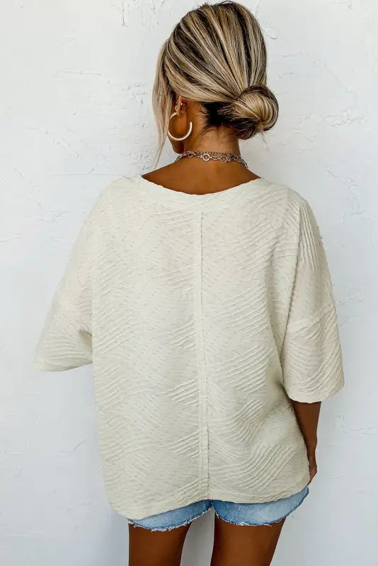 Beige v neck textured split hem oversized top - t-shirts