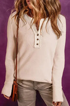 Beige Waffle Knit Textured Henley Top - Fashionfitz
