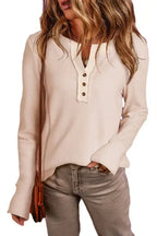 Beige Waffle Knit Textured Henley Top - Fashionfitz