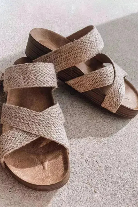 Beige Woven Criss-Cross Slippers - Fashionfitz