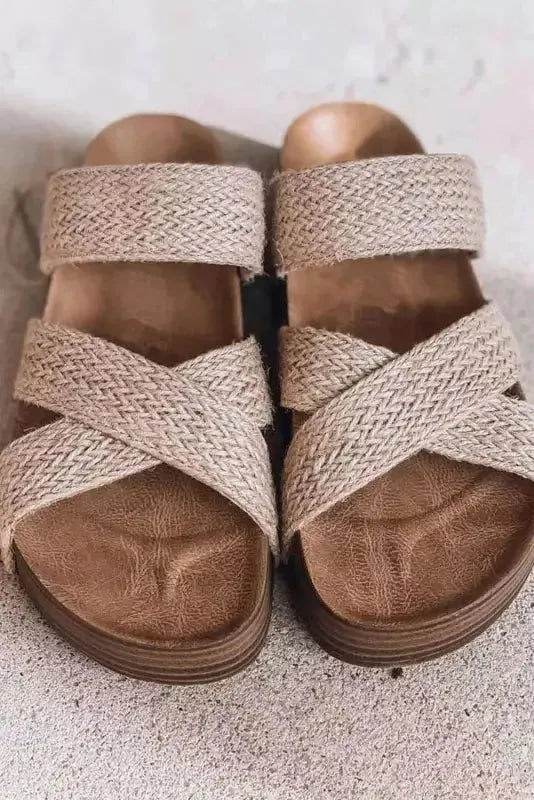 Beige Woven Criss-Cross Slippers - Fashionfitz