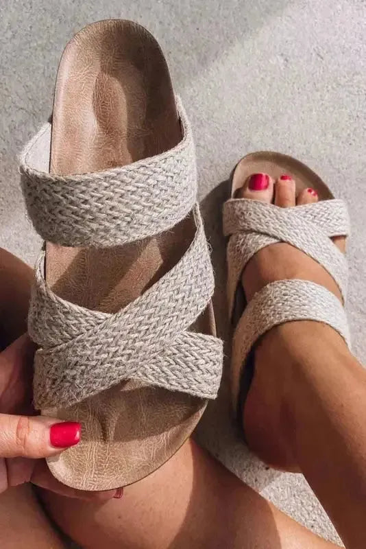 Beige Woven Criss-Cross Slippers - Fashionfitz