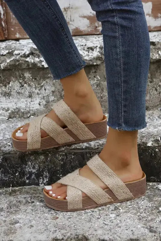 Beige Woven Criss-Cross Slippers - Fashionfitz