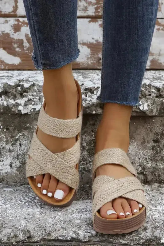 Beige Woven Criss-Cross Slippers - Fashionfitz