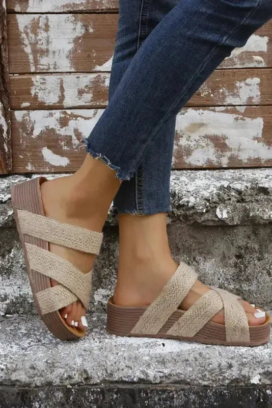 Beige Woven Criss-Cross Slippers - Fashionfitz