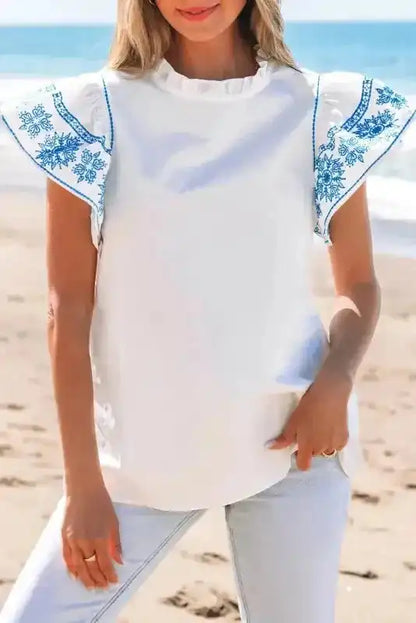 Belle Blouse - White Embroidered Ruffled Sleeve Frilled Collar - Fashionfitz