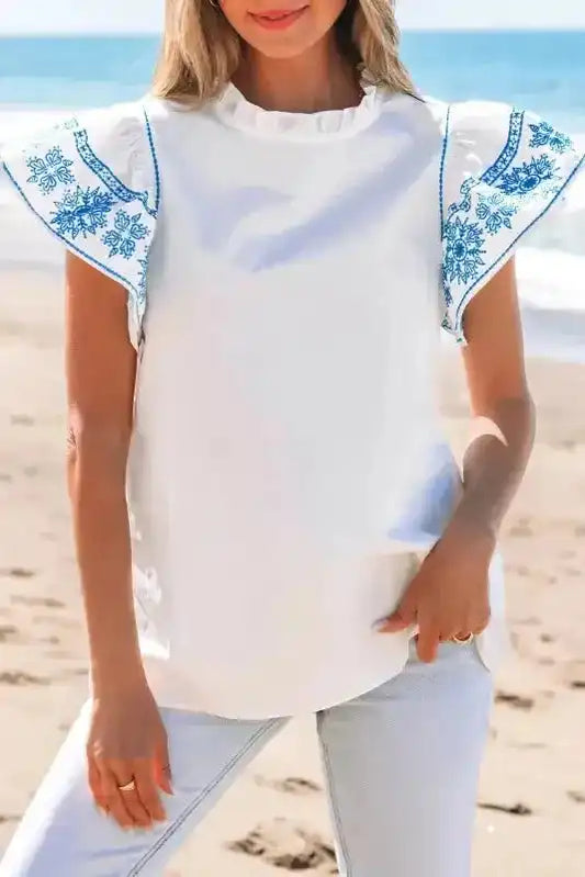 Belle Blouse - White Embroidered Ruffled Sleeve Frilled Collar - Fashionfitz
