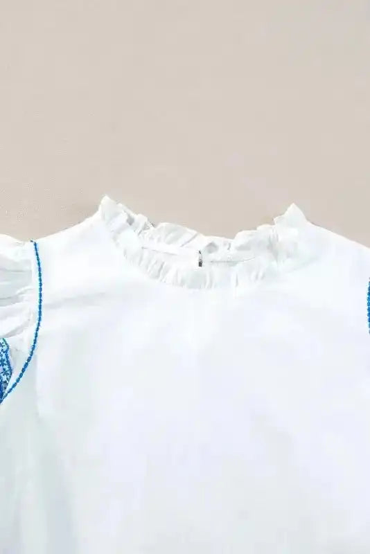 Belle Blouse - White Embroidered Ruffled Sleeve Frilled Collar - Fashionfitz