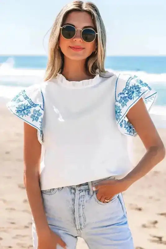 Belle Blouse - White Embroidered Ruffled Sleeve Frilled Collar - Fashionfitz