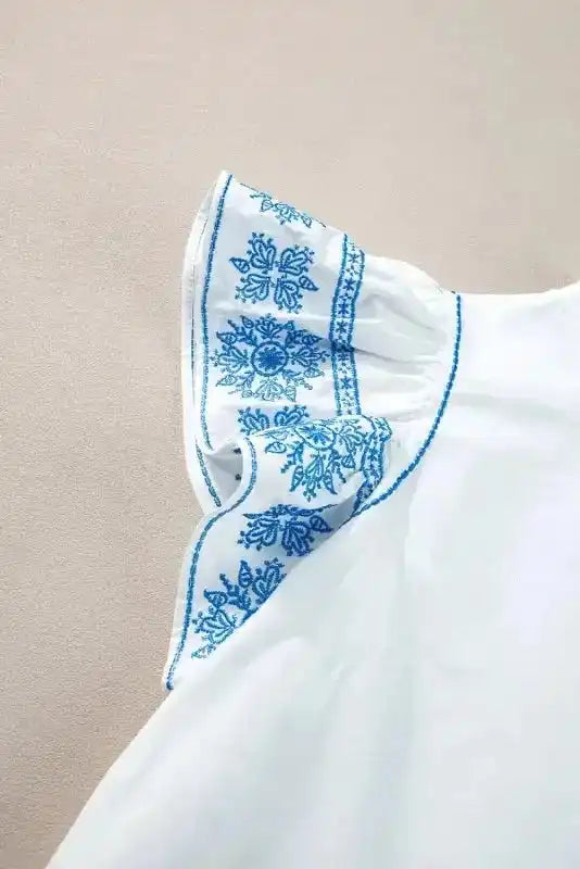 Belle Blouse - White Embroidered Ruffled Sleeve Frilled Collar - Fashionfitz