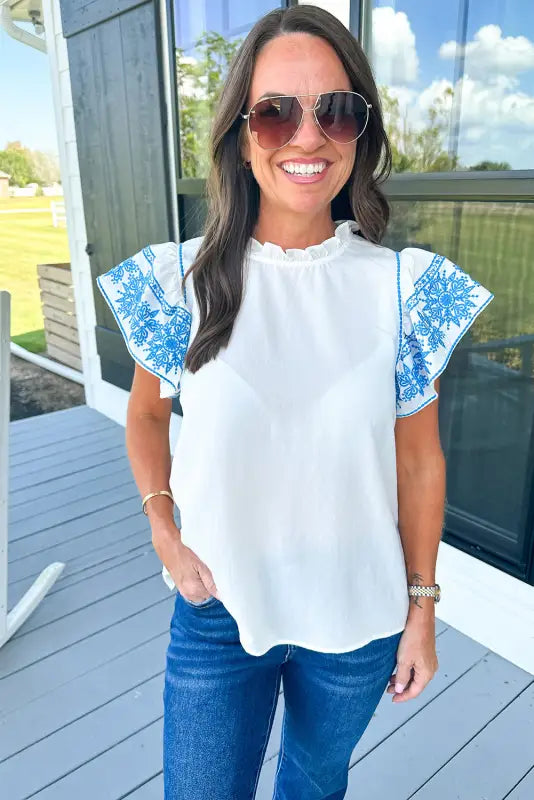 Belle blouse - white embroidered ruffled sleeve frilled collar - blouses