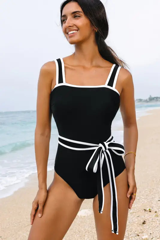 Belted one-piece swimsuit