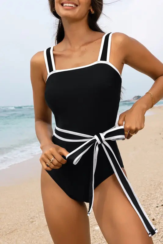 Belted one-piece swimsuit