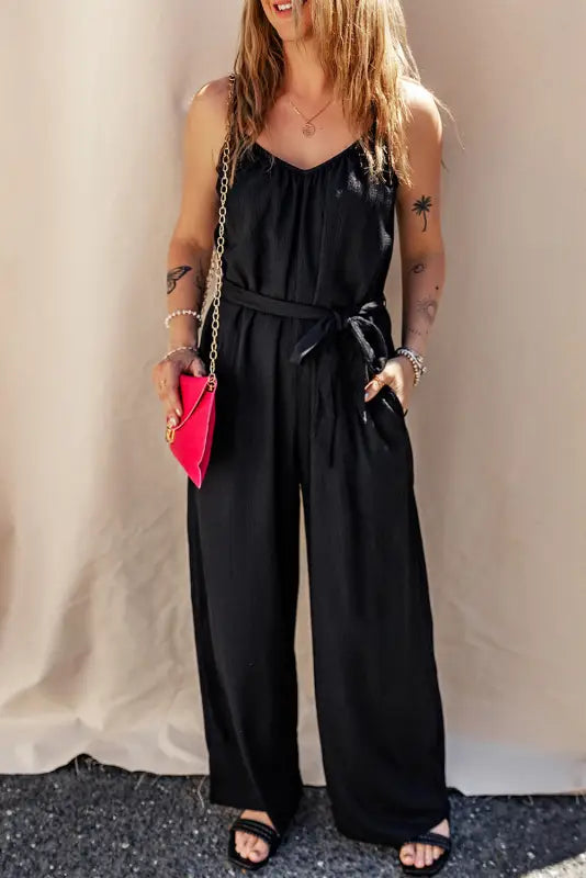 Black belted wide leg sleeveless jumpsuit - jumpsuits