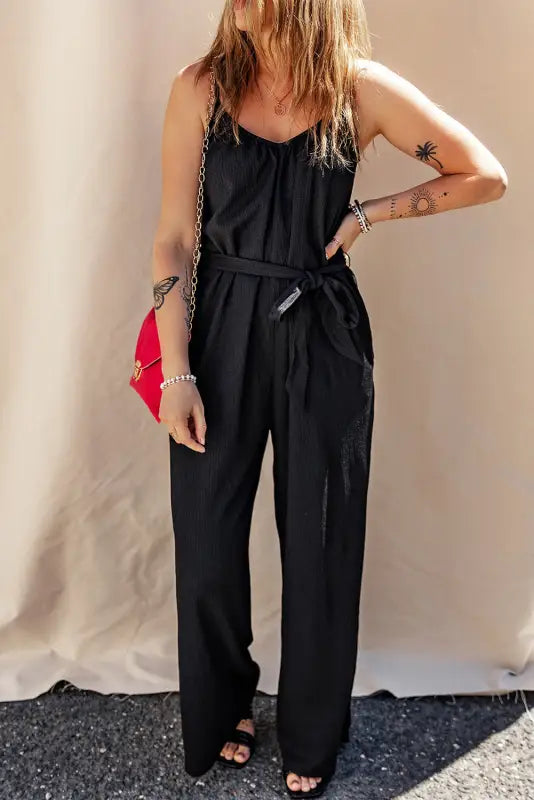 Black belted wide leg sleeveless jumpsuit - jumpsuits