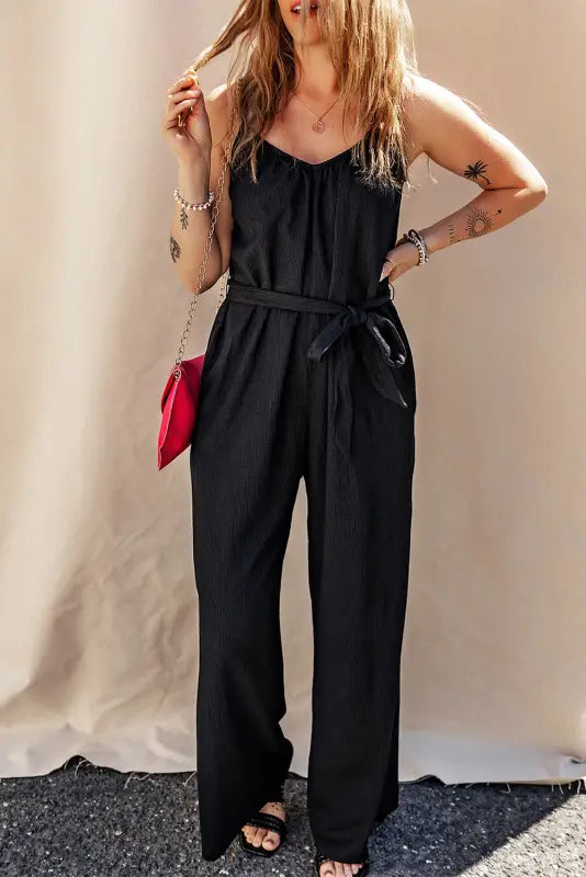 Black belted wide leg sleeveless jumpsuit - s / 95% polyester + 5% elastane - jumpsuits