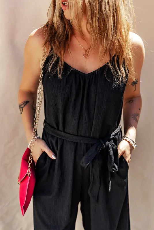 Black belted wide leg sleeveless jumpsuit - jumpsuits