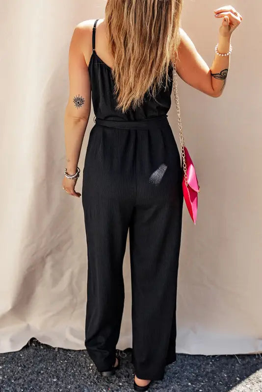 Black belted wide leg sleeveless jumpsuit - jumpsuits