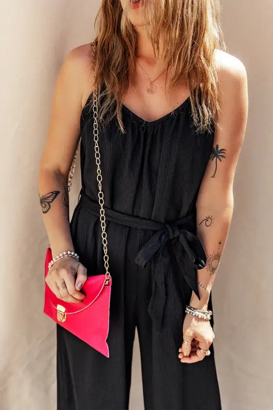 Black belted wide leg sleeveless jumpsuit - jumpsuits