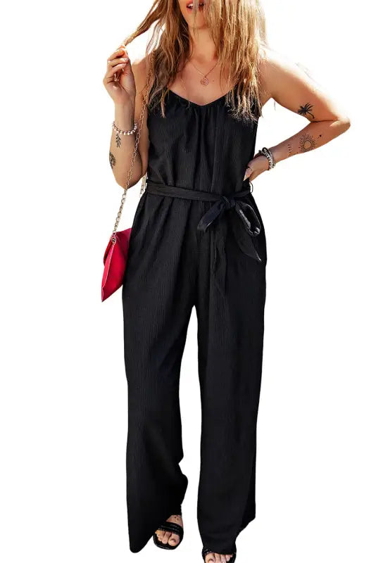 Black belted wide leg sleeveless jumpsuit - jumpsuits