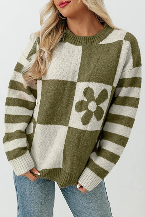 Brown checkered floral print striped sleeve sweater