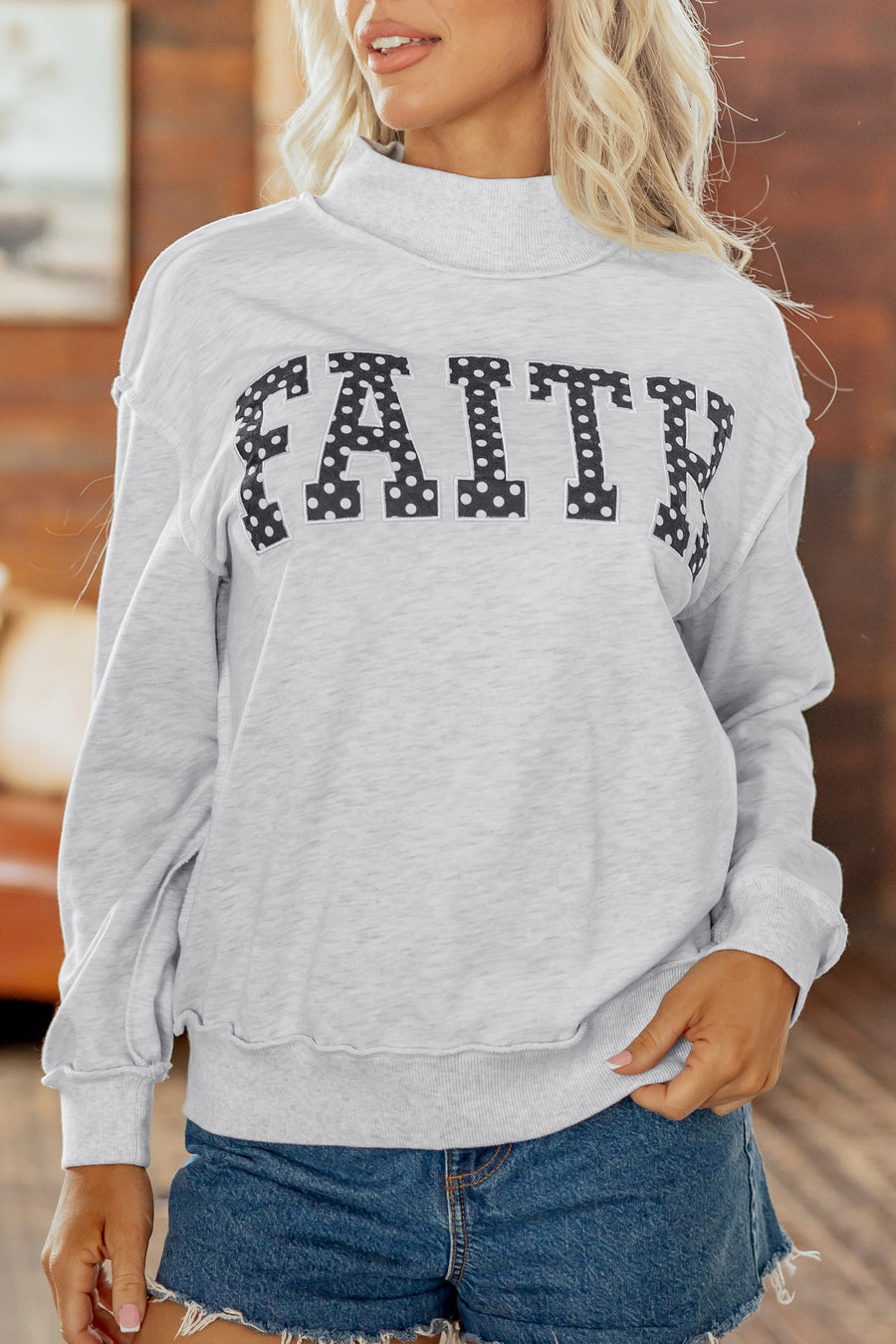 Light Grey Polka Dot Slogan High Neck Baggy Sweatshirt
