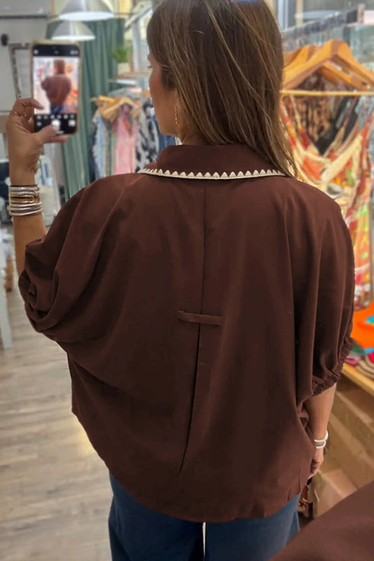 Coffee contrast trim shirt collar blouse button v neck dolman sleeve blouses