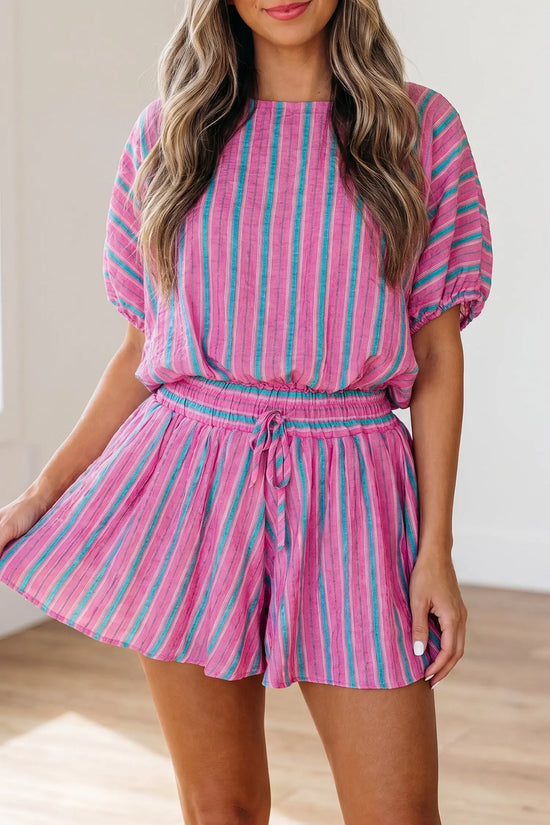 Close-up of pink stripe fabric on dolman blouse and matching drawstring shorts, Fashionfitz UK