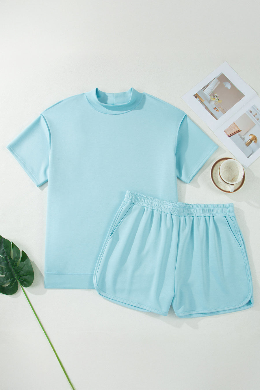 Mist Blue Plus Size Mock Neck Short Set Women UK — angled view | Fashionfitz UK