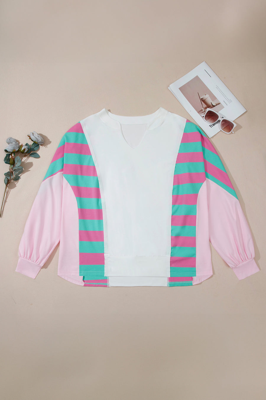 Plus Size Stripe Colorblock Shift Long Sleeve Blouse Women UK