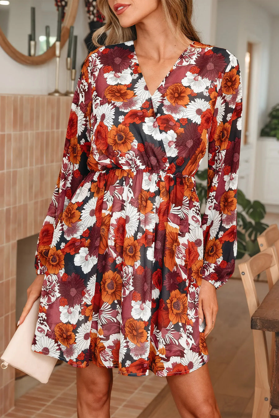 Red Floral Wrap V Neck Puff Sleeve Flowy Mini Dress Women UK — lifestyle view