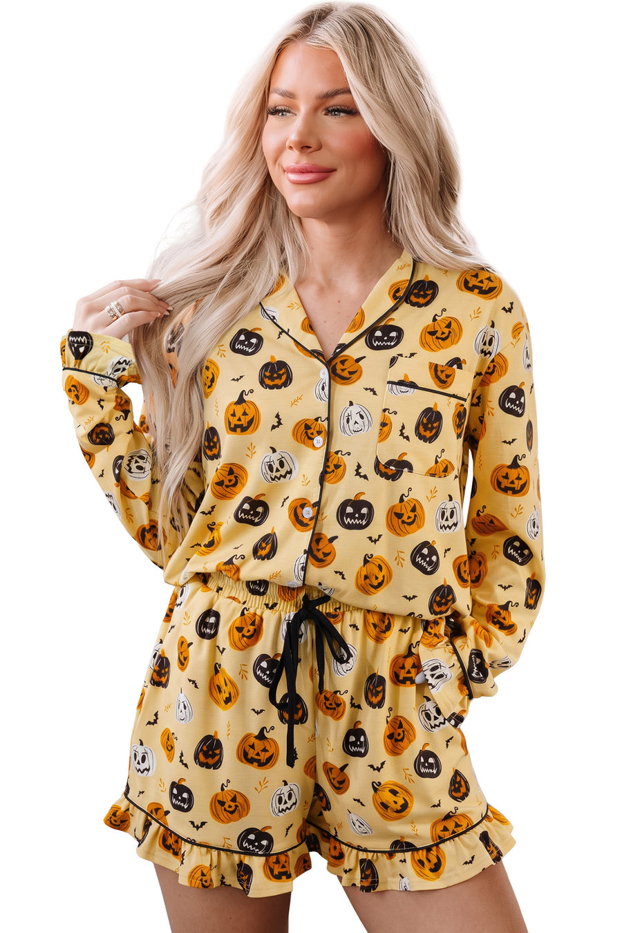 Pumpkin Face Ruffle Long Sleeve Lounge Set Women UK