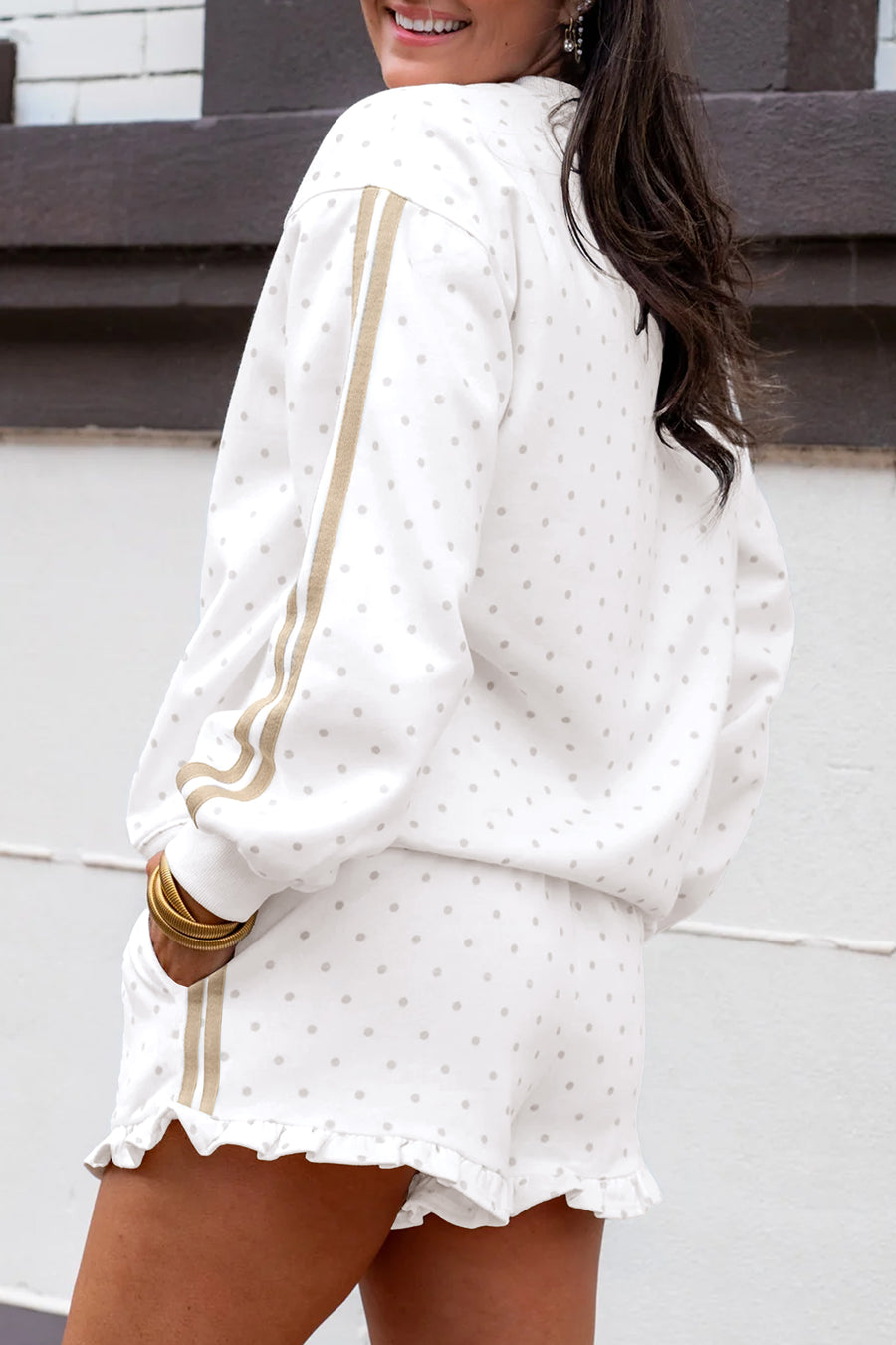 White Polka Dot Stripe Casual Sweatshirt & Shorts Set