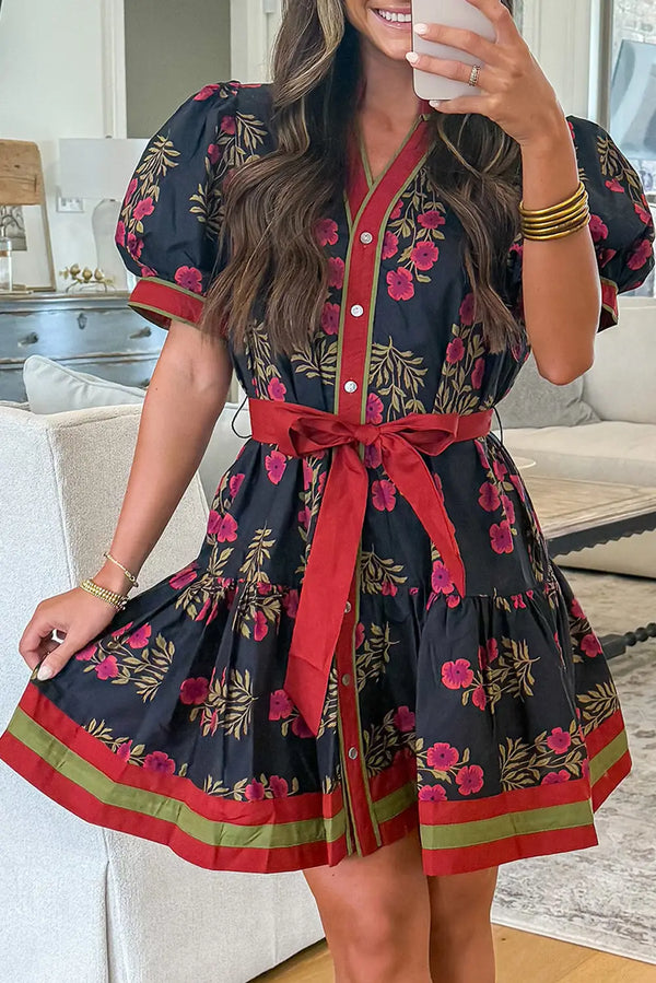 Black Retro Floral Belted Button Down Puff Sleeve Mini Dress Women UK — front view