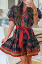 Black Retro Floral Belted Button Down Puff Sleeve Mini Dress Women UK — front view