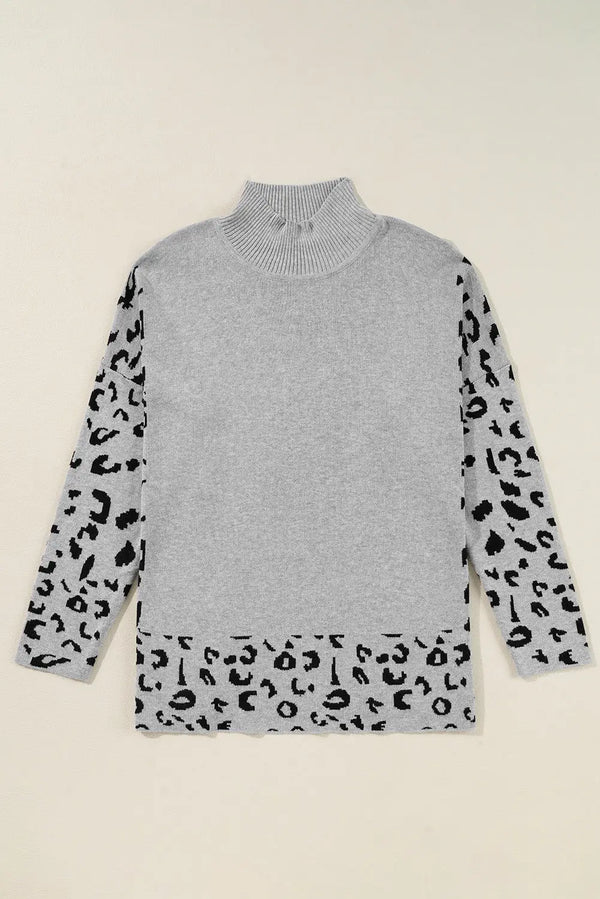 Leopard high neck oversized sweater front view — Fashionfitz UK