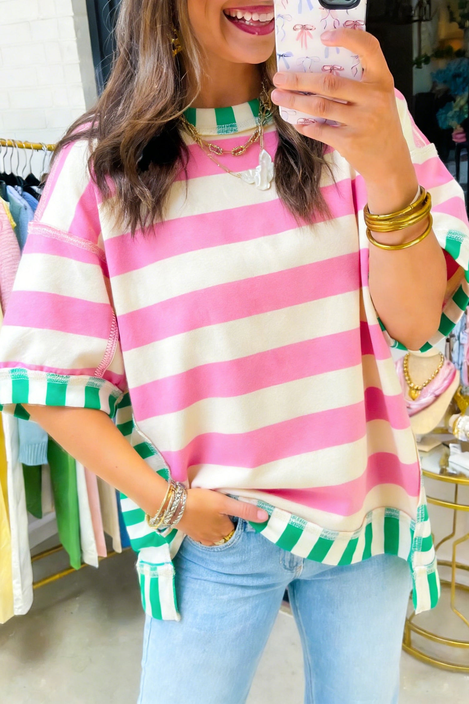 Women's contrast patchwork oversized top detail view seam