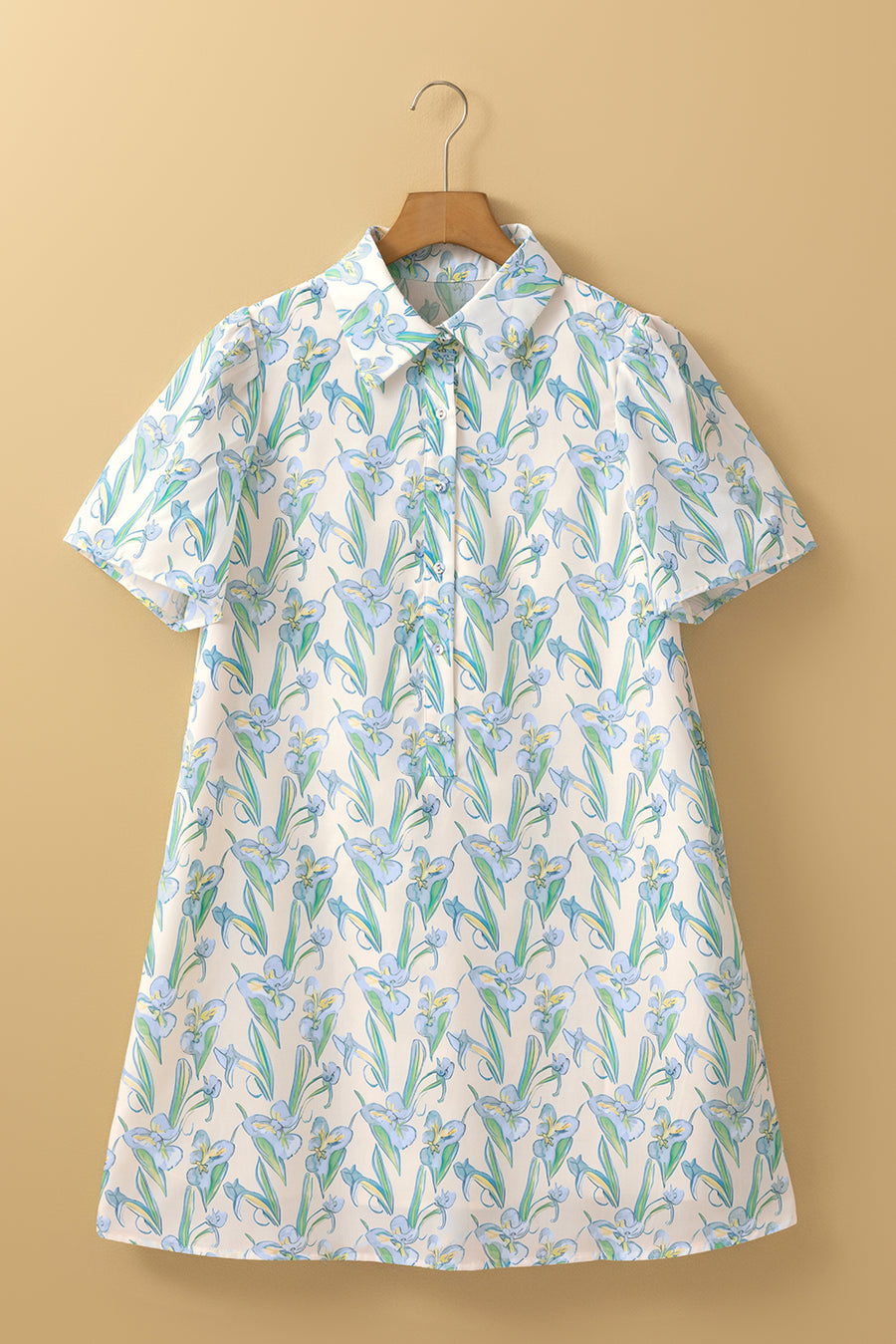 Green Floral Shirt Collar Buttoned Short Sleeve Shift Dress Women UK