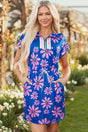 Purple Floral Quarter Zip Drawstring Waist Mini Dress Women UK