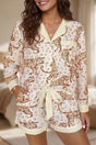 Yellow Leopard Print Colorblock Pocket Placket Long Sleeve Lounge Set