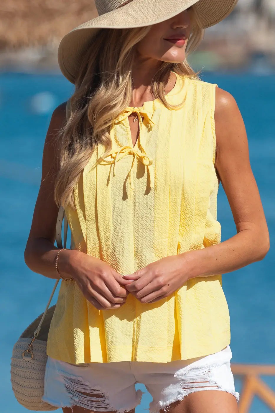 Fashionfitz tank top - yellow pleated for women | chic versatile