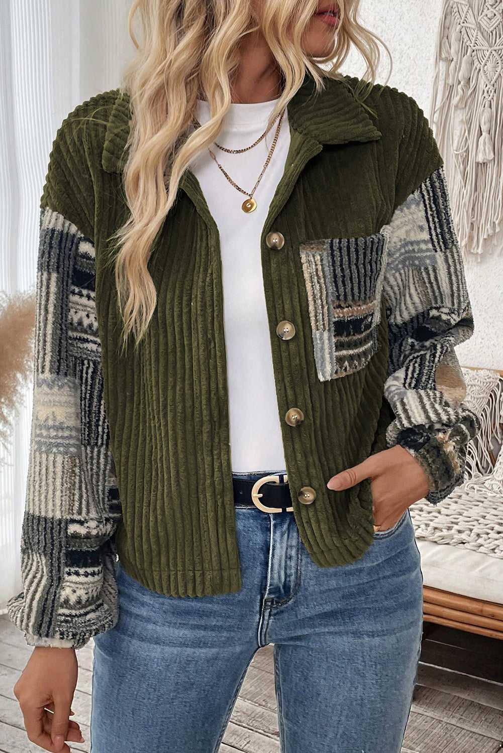 Casual outfit with Women's Green Plaid Corduroy Fleece Jacket, highlighting its plaid patchwork sleeves and ribbed corduroy texture.