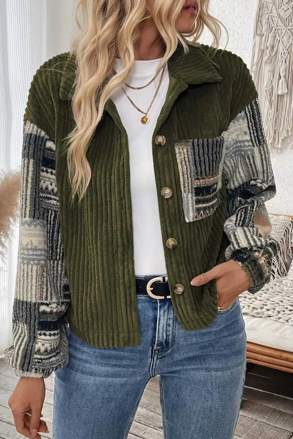 Casual outfit with Women's Green Plaid Corduroy Fleece Jacket, highlighting its plaid patchwork sleeves and ribbed corduroy texture.