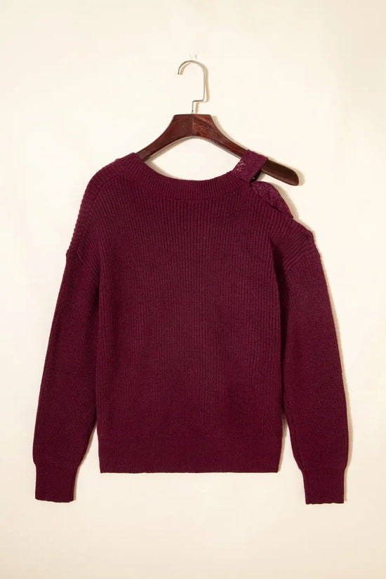 Burgundy lace bow sweater | asymmetric off shoulder jumper sweaters