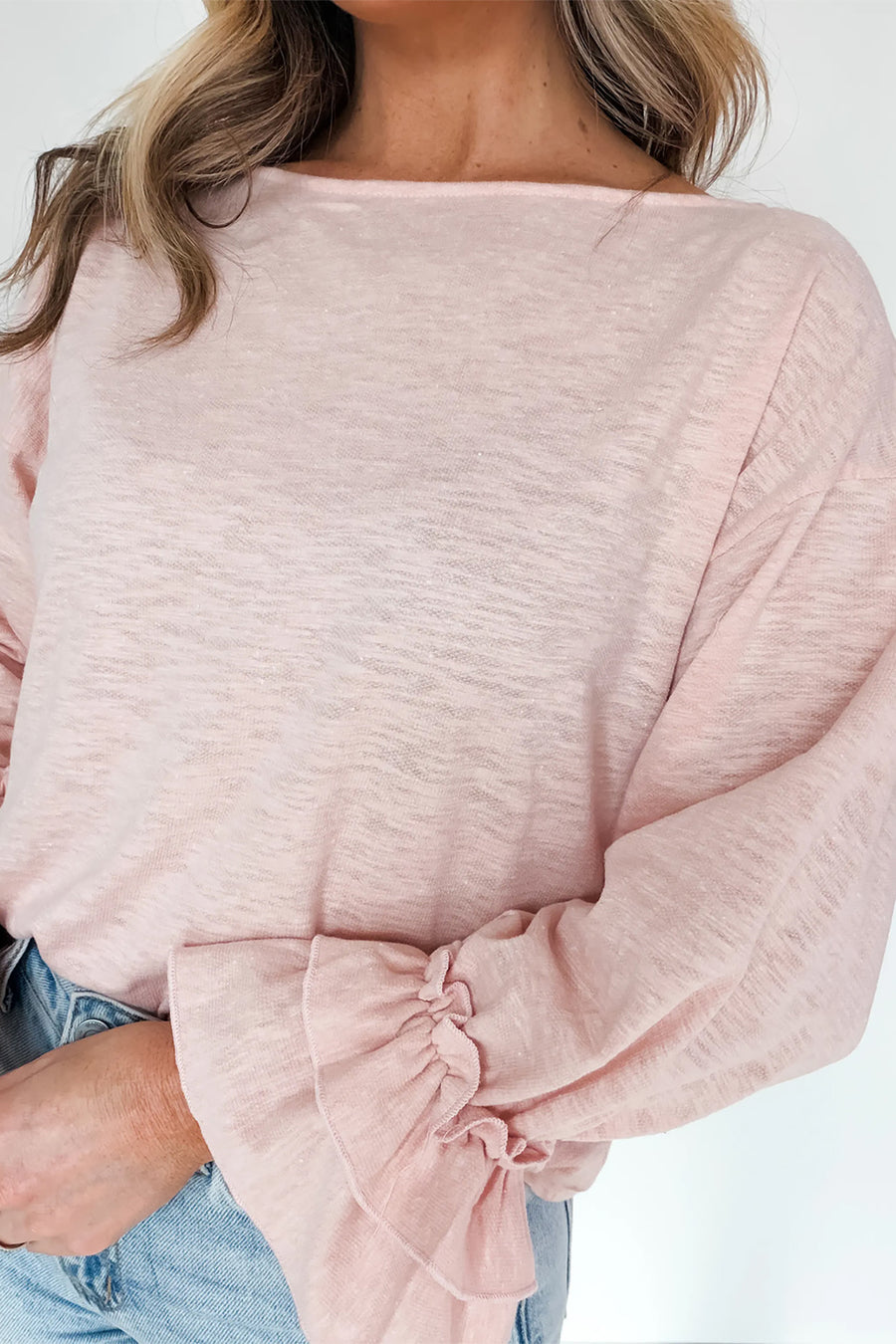 Pink Ruffle Sleeve Long Sleeve Loose Pullover Top Women UK