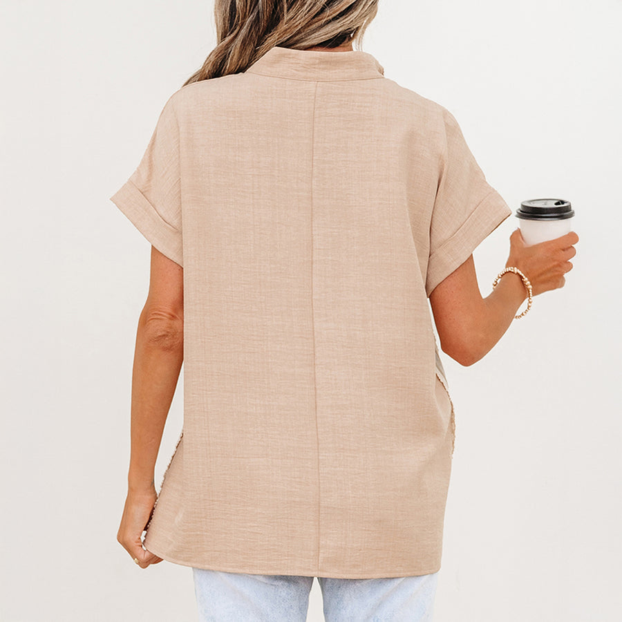 Crochet Lace Accent Pullover Short Sleeve Blouse Women UK