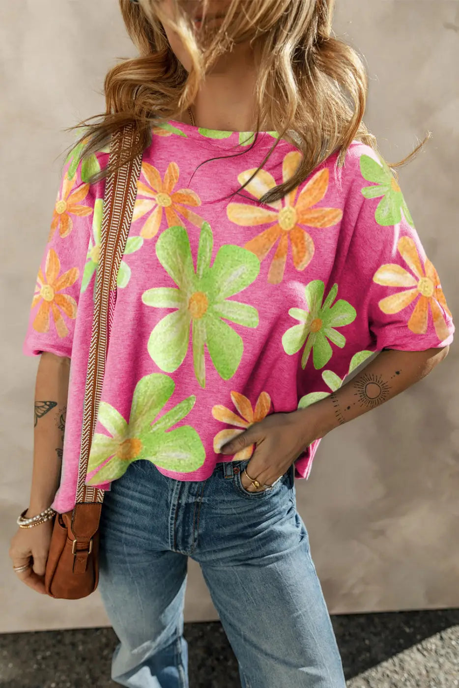 Big flower baggy t shirt - rose / s / 95% polyester + 5% elastane - t-shirts