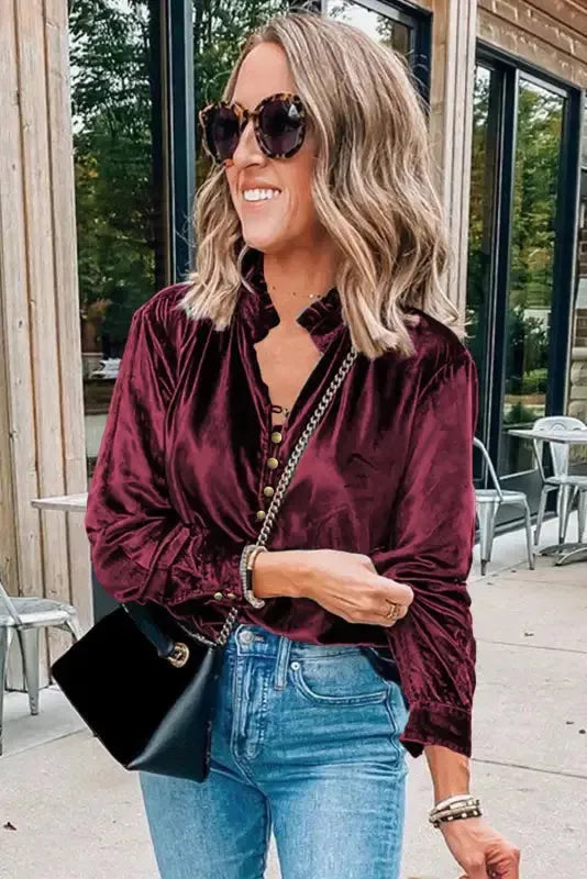 Red velvet elegant top side view — Fashionfitz UK